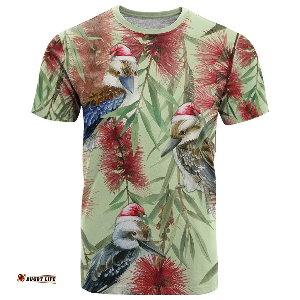 australia christmas t shirt kookaburra santa on callistemon pastel