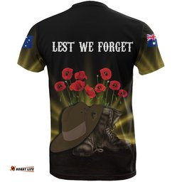 anzac day t shirt lest we forget hat and boots poppies