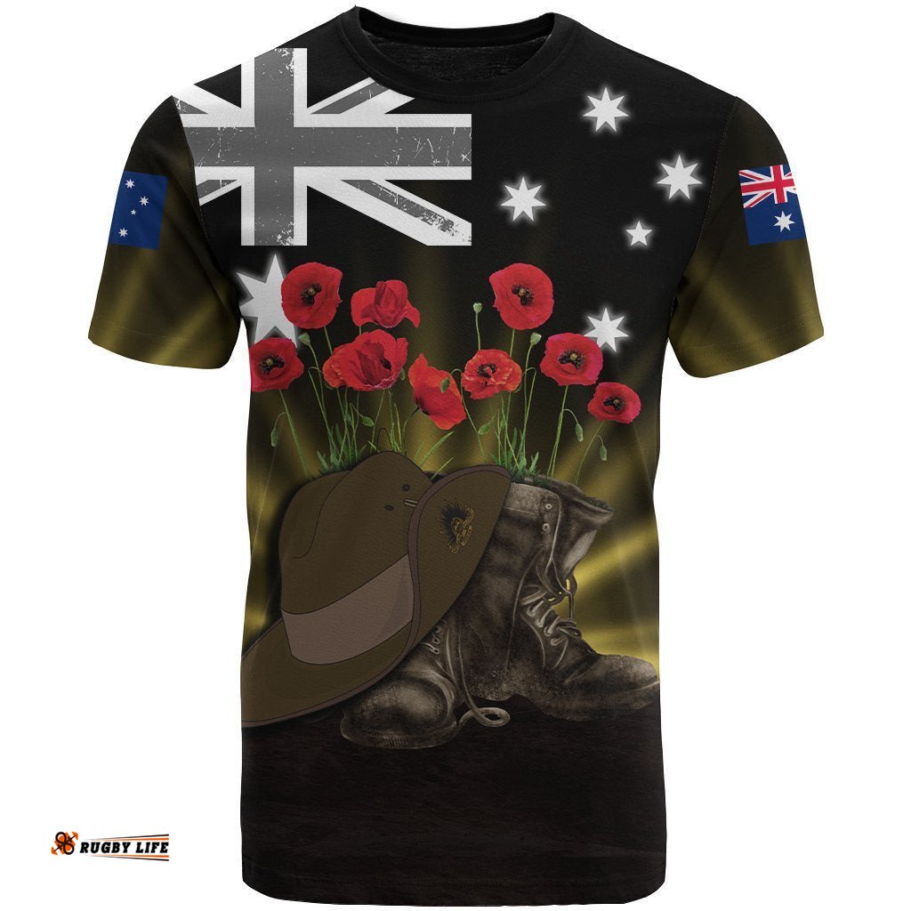 anzac day t shirt lest we forget hat and boots poppies
