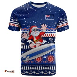 australia christmas t shirt aussie aboriginal santa claus is surfing with kangaroo