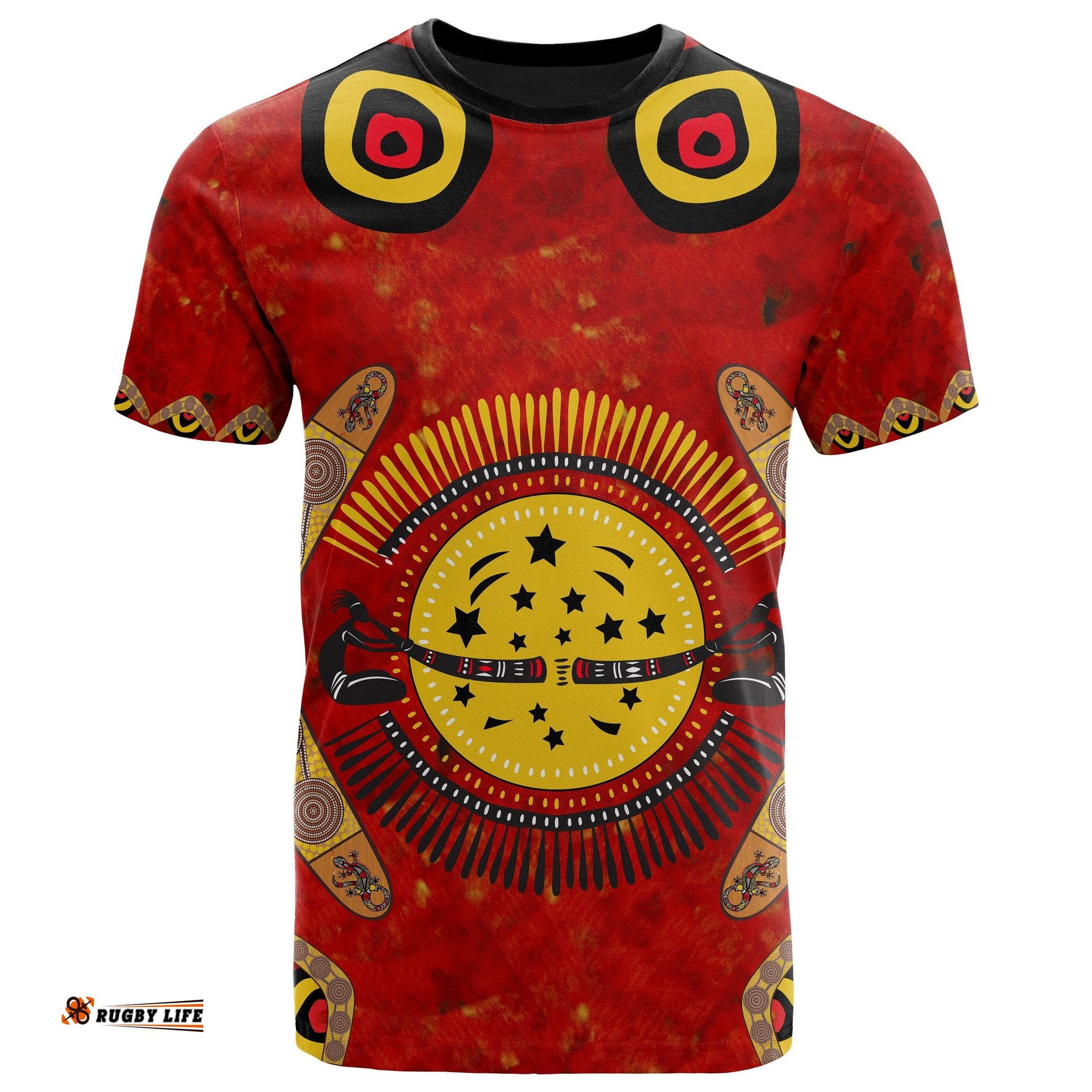 aboriginal t shirt lizard and boomerang patterns