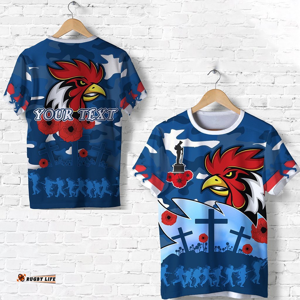 custom personalised roosters anzac day t shirt military blue