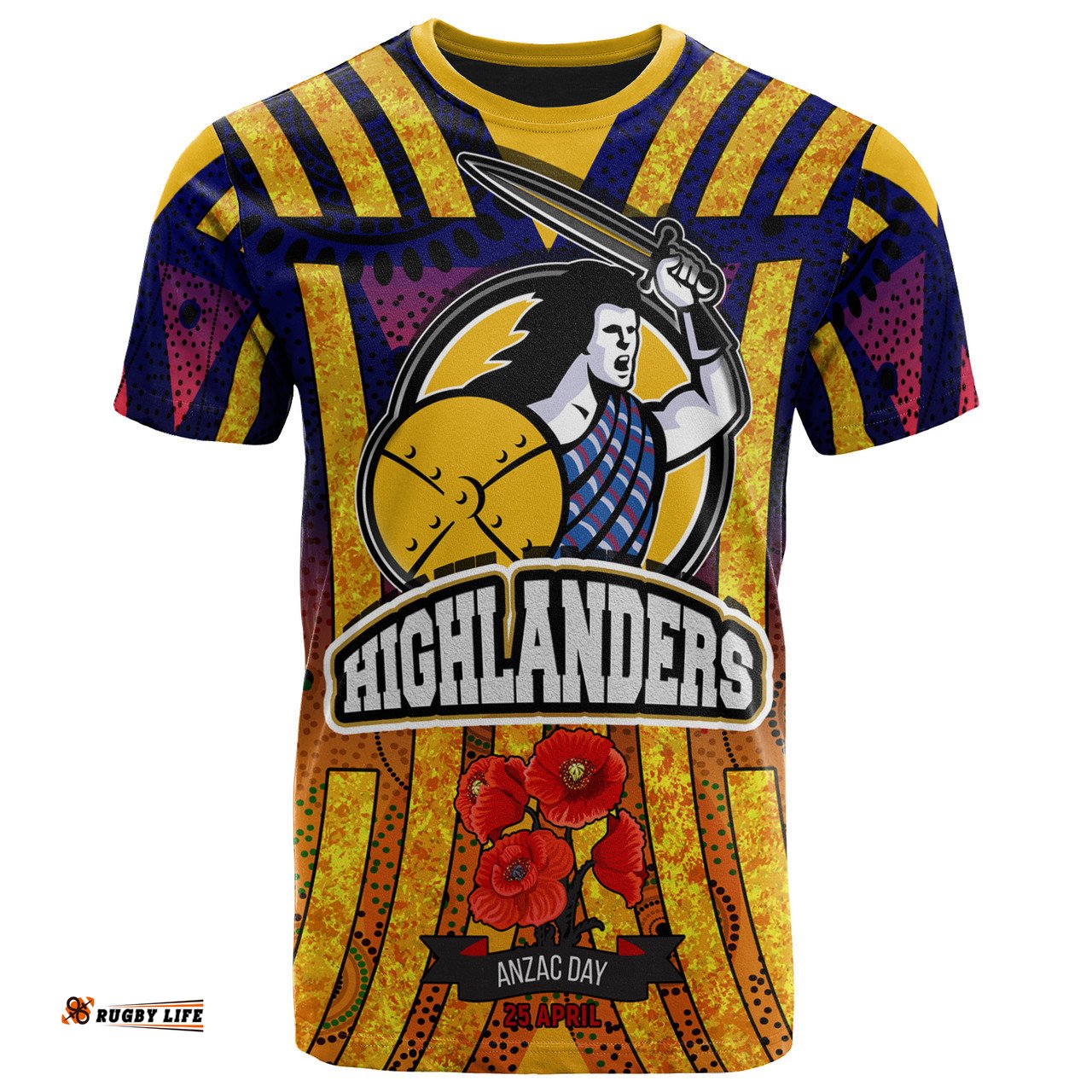 Amazing Aussie Otago Highlanders Rugby T Shirt Aboriginal Inspired Anzac Day Otago Highlanders With Poppy Flower T Shirt T-shirt