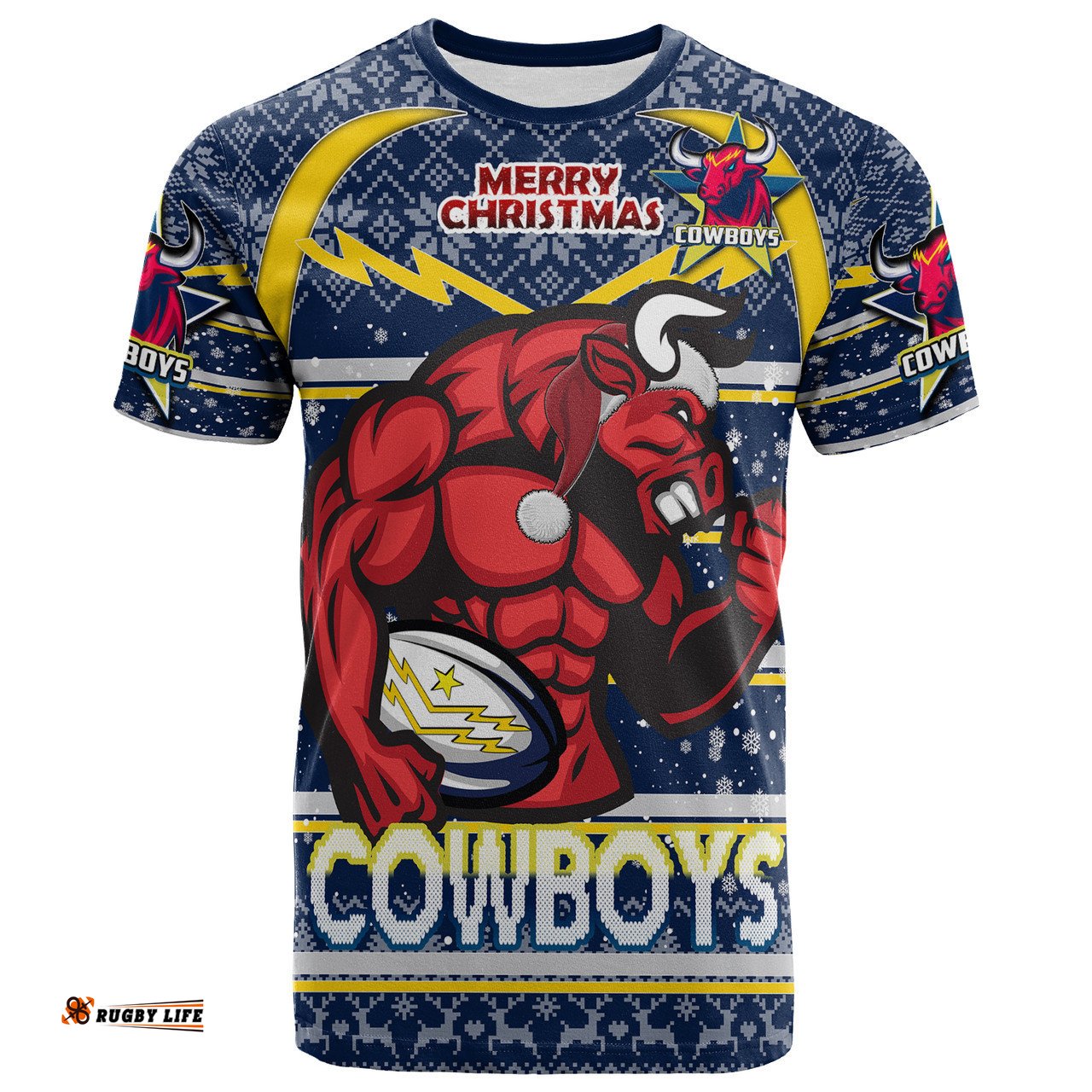 Amazing Aussie North Queensland Cowboys Christmas Custom Cowboys Merry Christmas With Snowflake Pattern  T-shirt