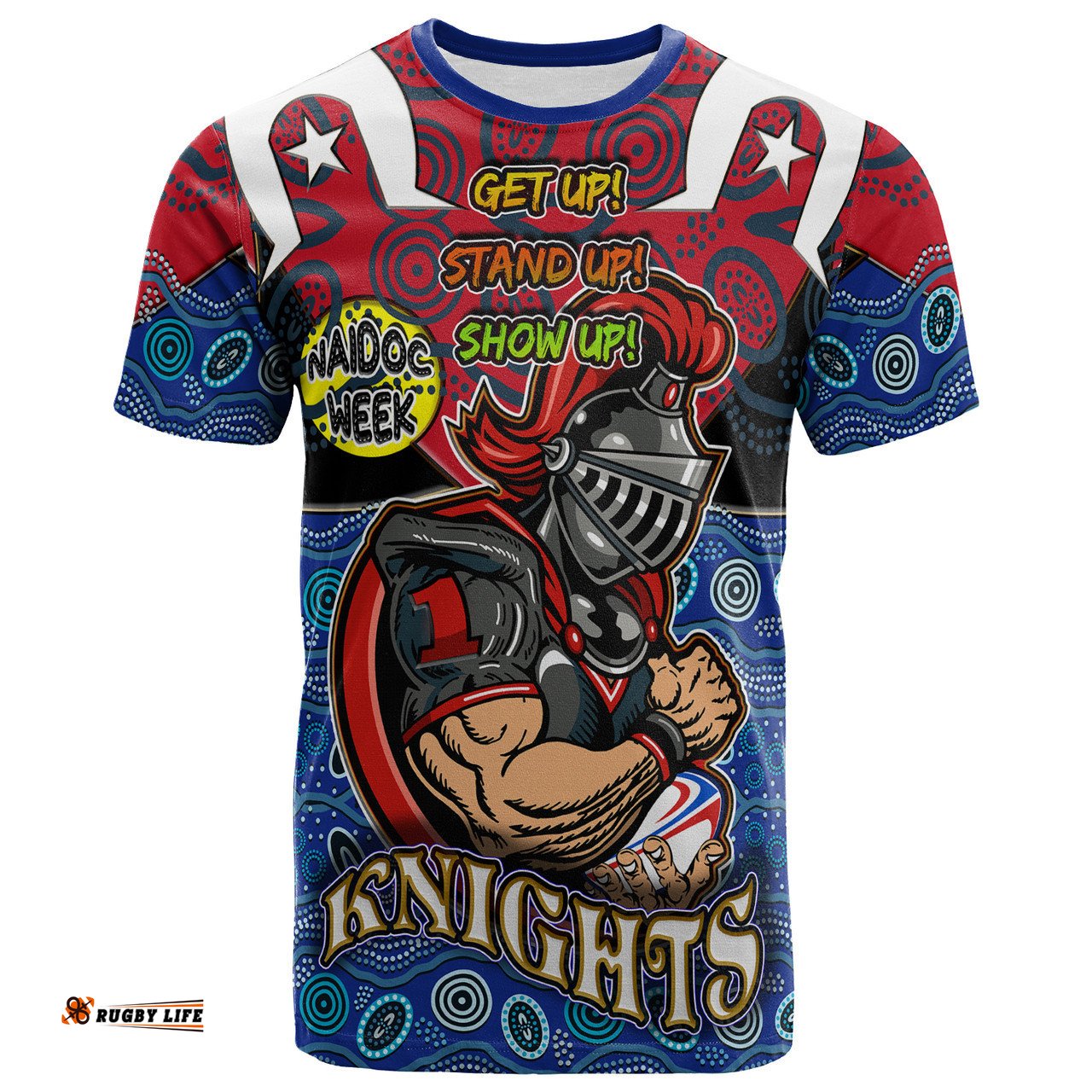 Amazing Aussie Newcastle Knights T Shirt Custom Naidoc Week Newcastle Knights Ball With Aboriginal Inspired Background T Shirt T-shirt