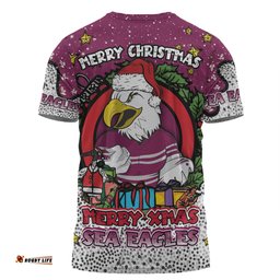 Amazing Aussie Manly Warringah Sea Eagles Christmas Custom T-shirt - Merry Christmas Our Beloved Team With Aboriginal Dot Art Pattern T-shirt