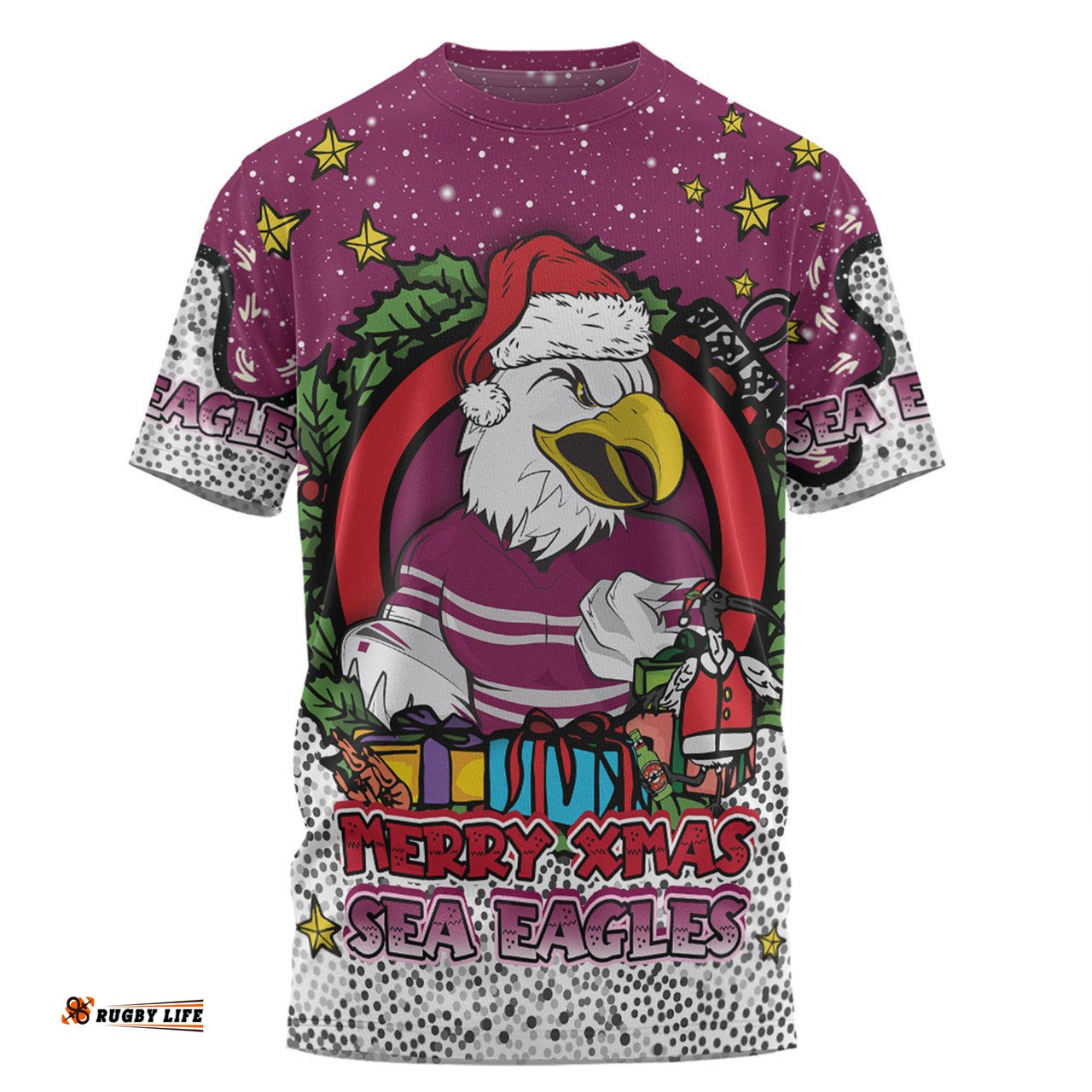 Amazing Aussie Manly Warringah Sea Eagles Christmas Custom T-shirt - Merry Christmas Our Beloved Team With Aboriginal Dot Art Pattern T-shirt
