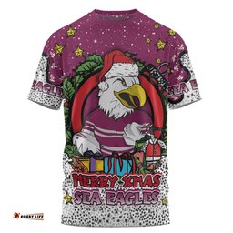 Amazing Aussie Manly Warringah Sea Eagles Christmas Custom T-shirt - Merry Christmas Our Beloved Team With Aboriginal Dot Art Pattern T-shirt