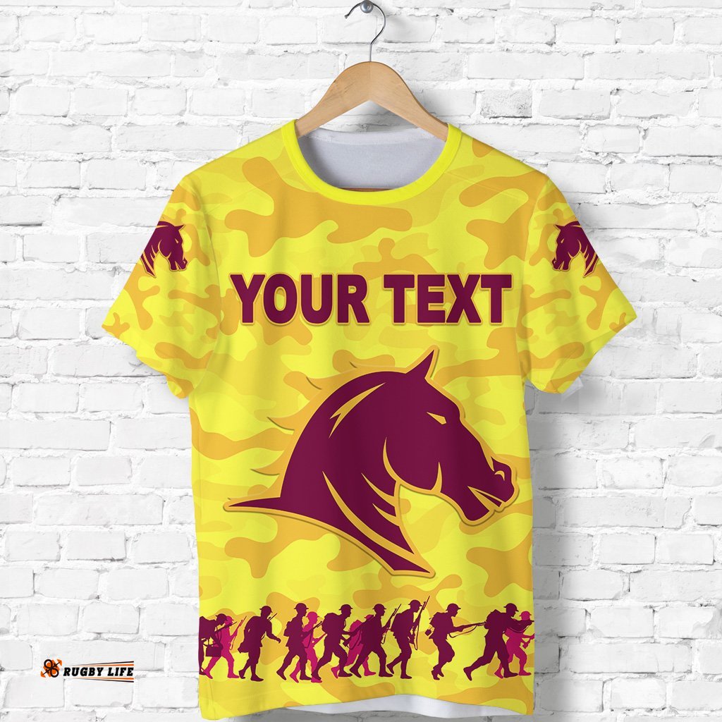 custom personalised brisbane broncos t shirt anzac day camouflage vibes yellow