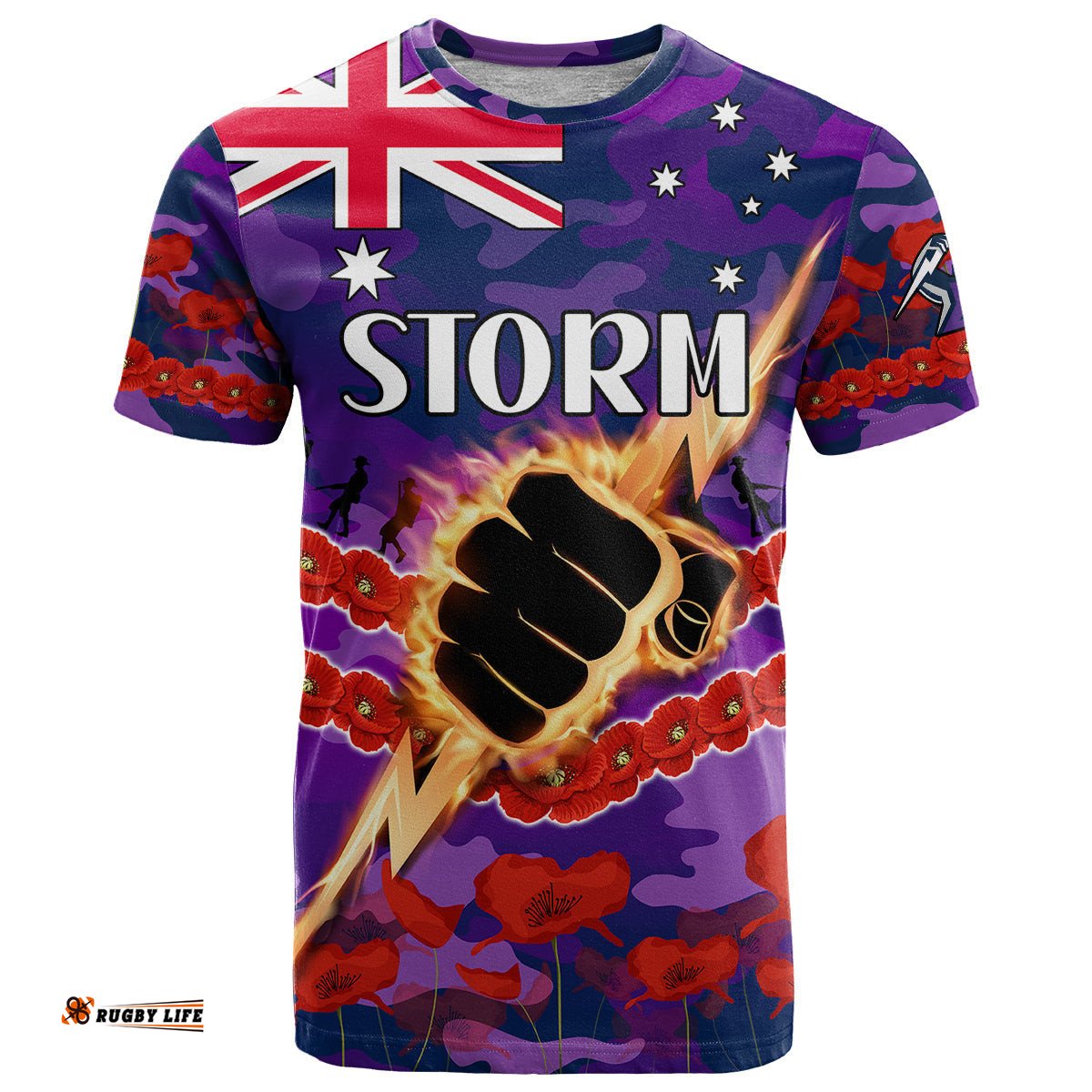 custom text and number storm rugby anzac t shirt lest we forget