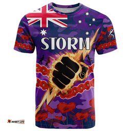 custom text and number storm rugby anzac t shirt lest we forget