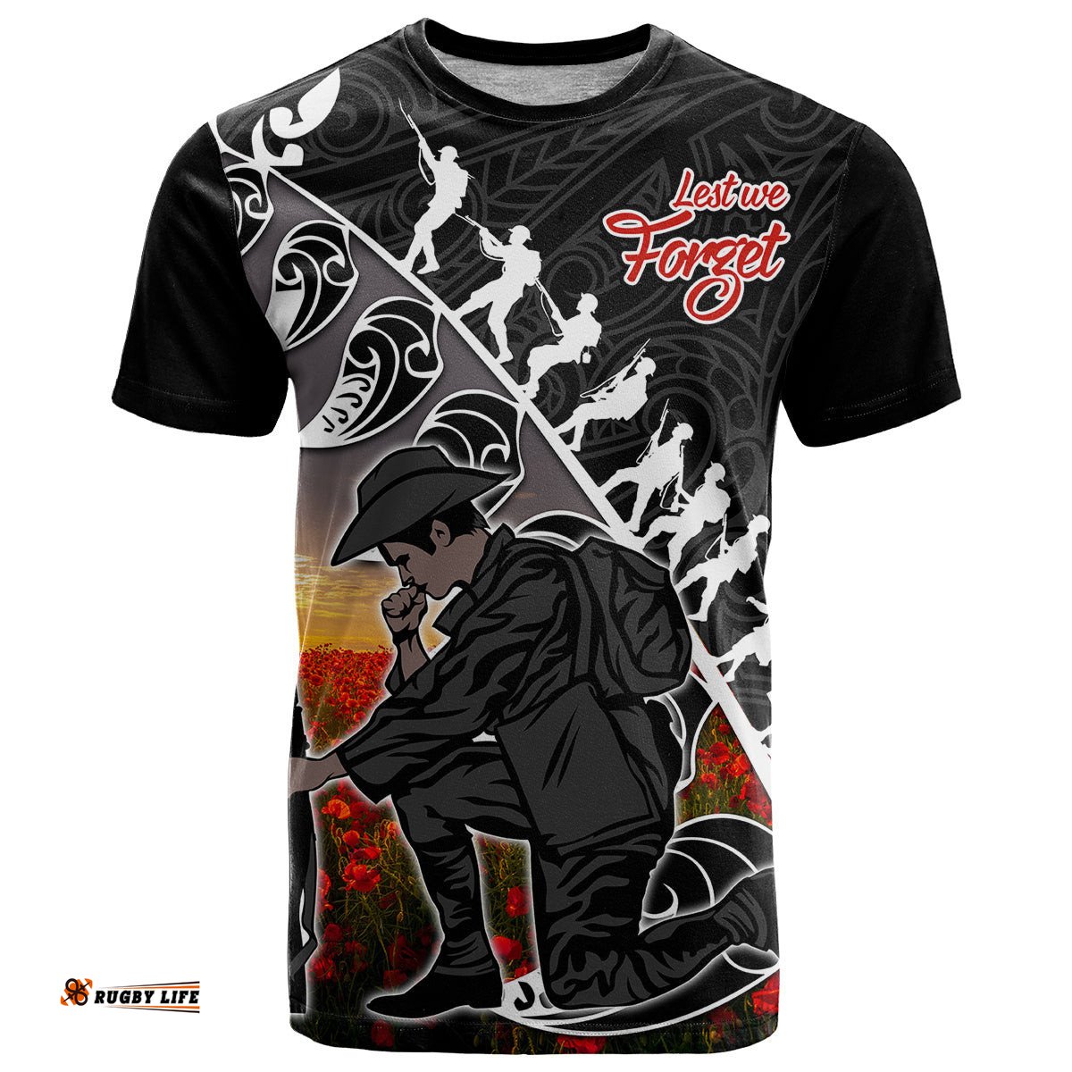 custom personalised aotearoa anzac day t shirt maori fern with poppy vibe