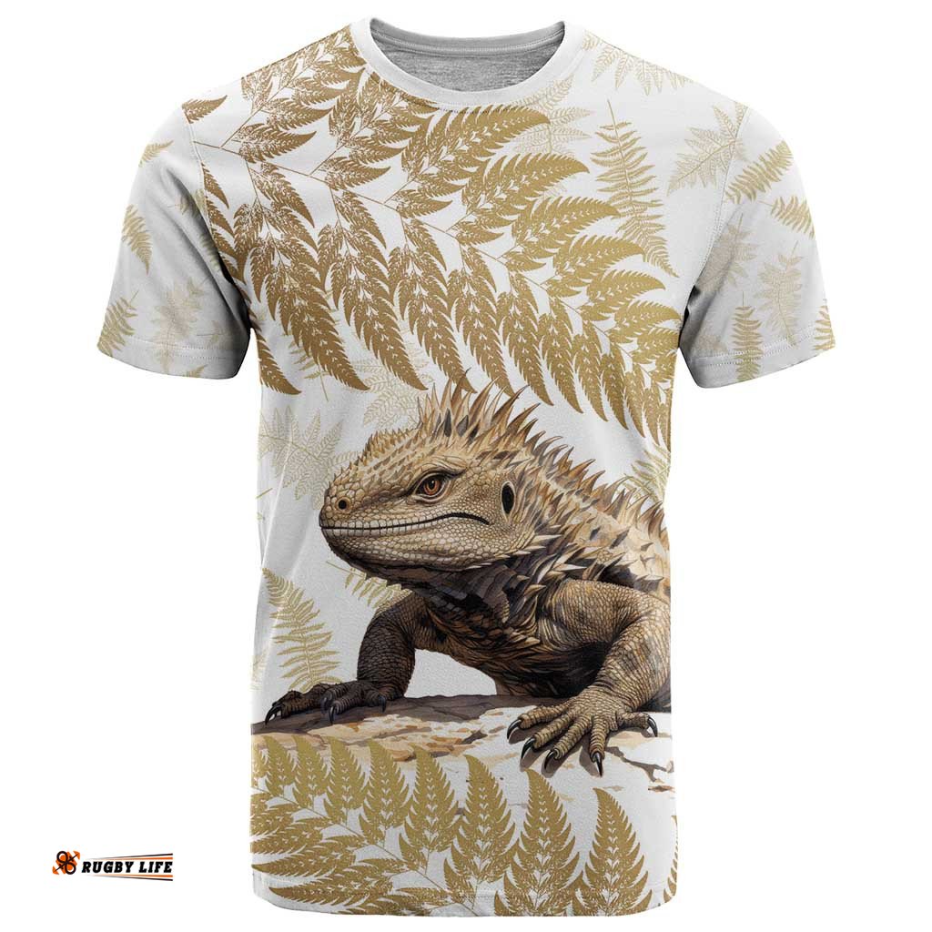 gold new zealand tuatara t shirt aotearoa sphenodon punctatus silver fern
