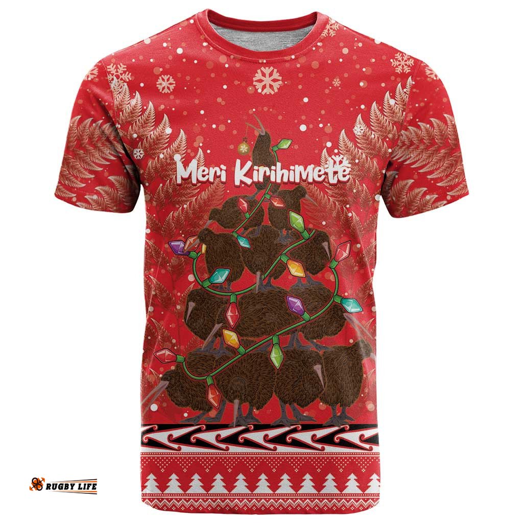 kiwi new zealand christmas t shirt meri kirihimete silver fern red color