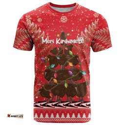 kiwi new zealand christmas t shirt meri kirihimete silver fern red color