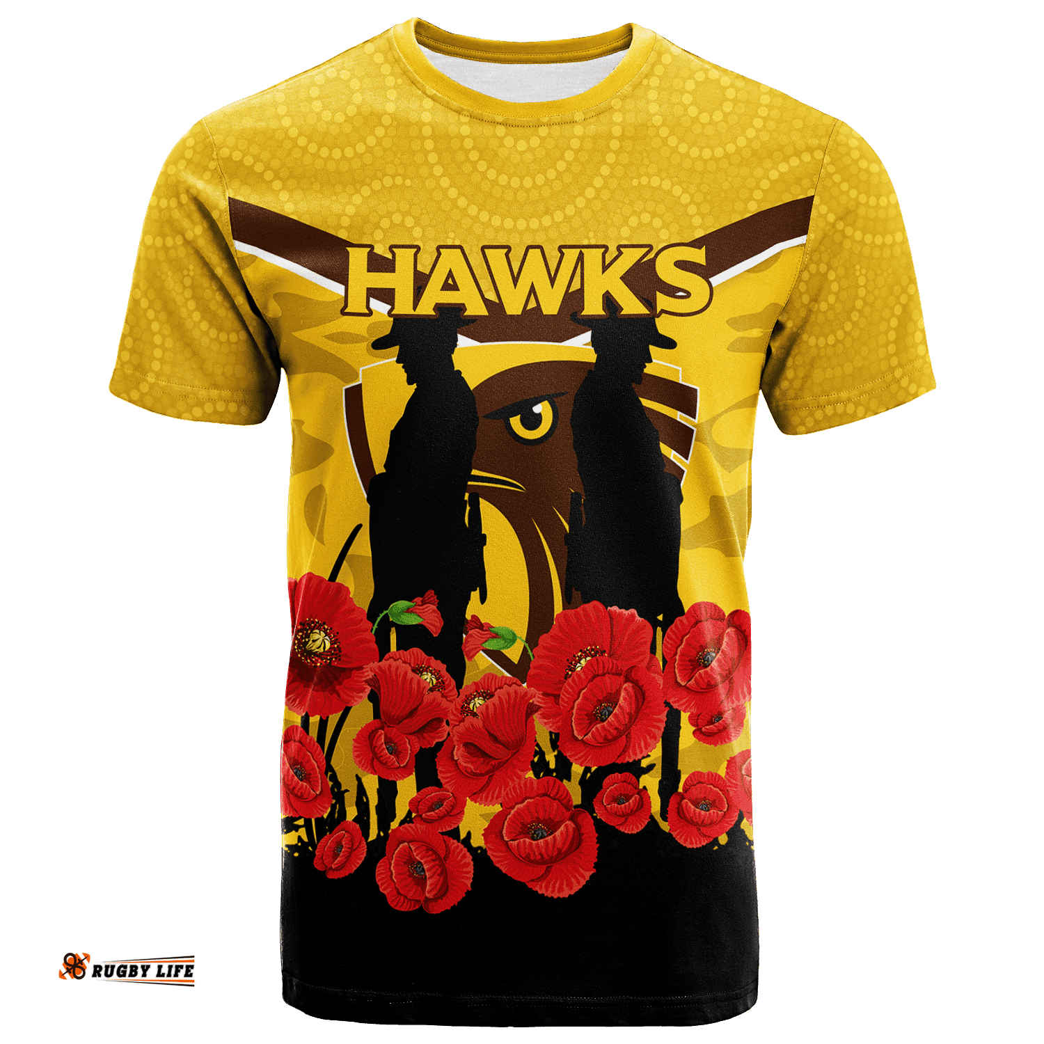 hawks anzac day t shirt indigenous art