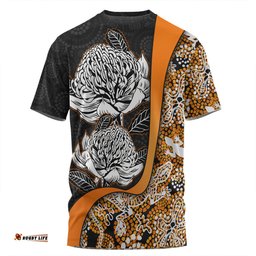 Amazing Aussie Australia Warratah Goanna Aboriginal Waratah Flowers With Orange Lizards, Stones, Sand Dot Art Painting Inspired  T-shirt