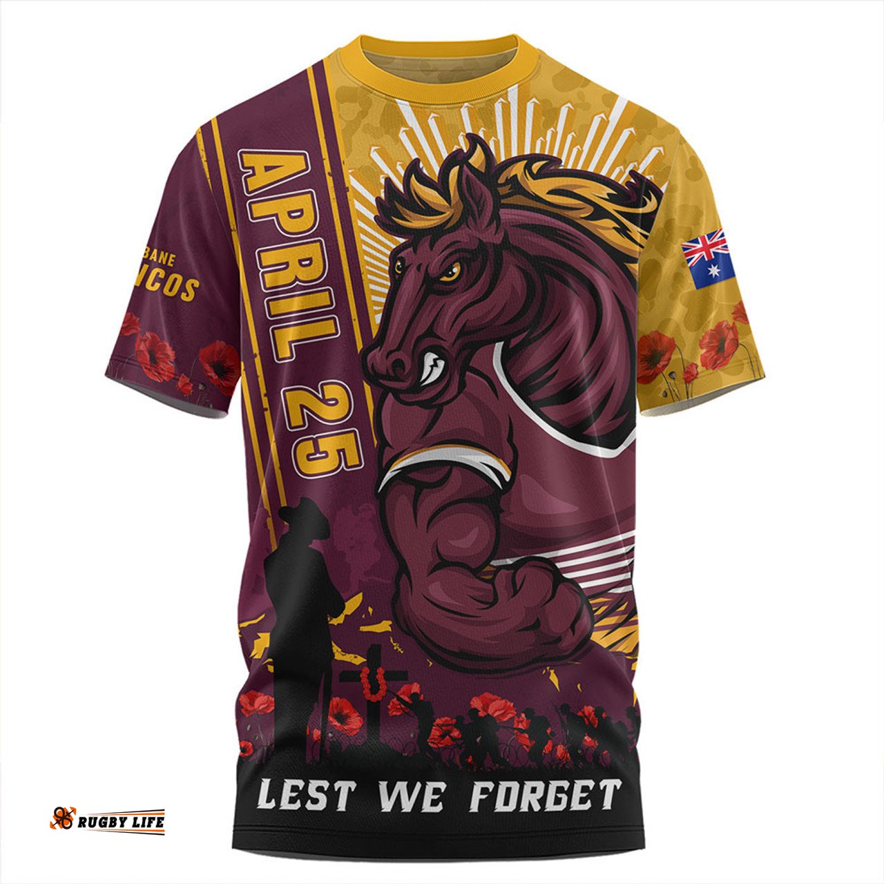 Amazing Aussie Brisbane Broncos Anzac Day Lest We Forget Strong Fighting Spirit T-shirt