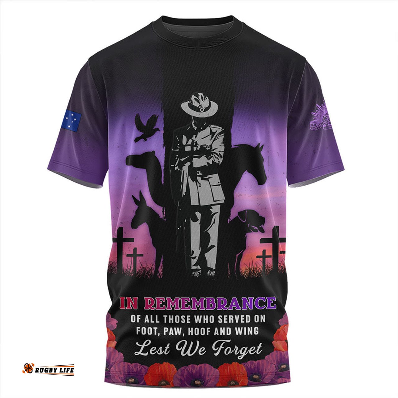 Amazing Aussie Australia Anzac Day Lest We Forget War Animals Purple Poppy T-shirt