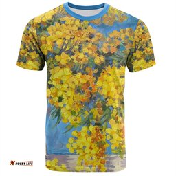 Amazing Aussie Australia Golden Wattle Golden Wattle Bouquet Blue Background Oil Painting Art  T-shirt