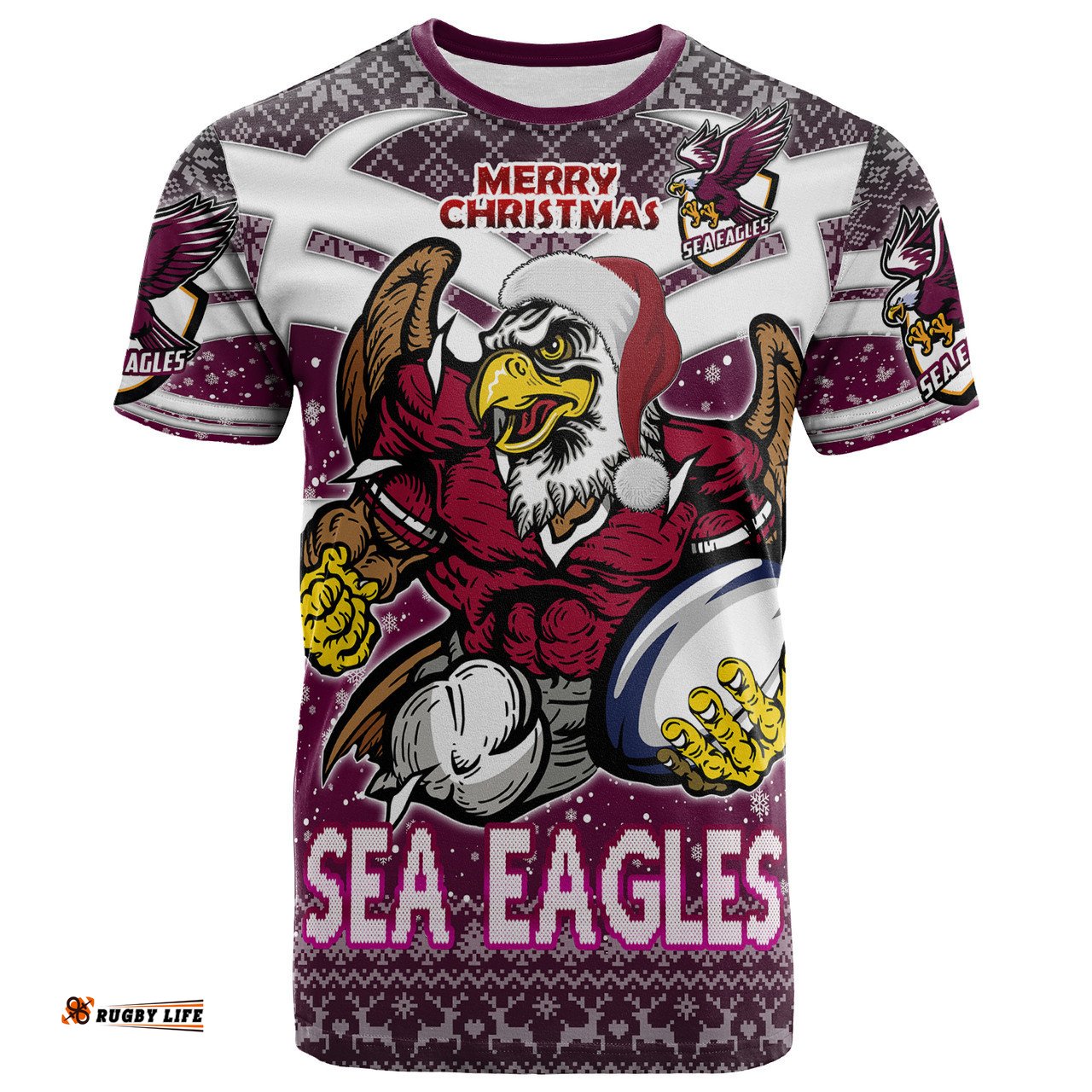 Amazing Aussie Manly Warringah Sea Eagles Christmas Custom Manly Warringah Sea Eagles Merry Christmas With Snowflake Pattern  T-shirt