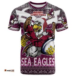 Amazing Aussie Manly Warringah Sea Eagles Christmas Custom Manly Warringah Sea Eagles Merry Christmas With Snowflake Pattern  T-shirt