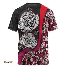 Amazing Aussie Australia Warratah Goanna Aboriginal Waratah Flowers With Red Lizards, Stones, Sand Dot Art Painting Inspired  T-shirt