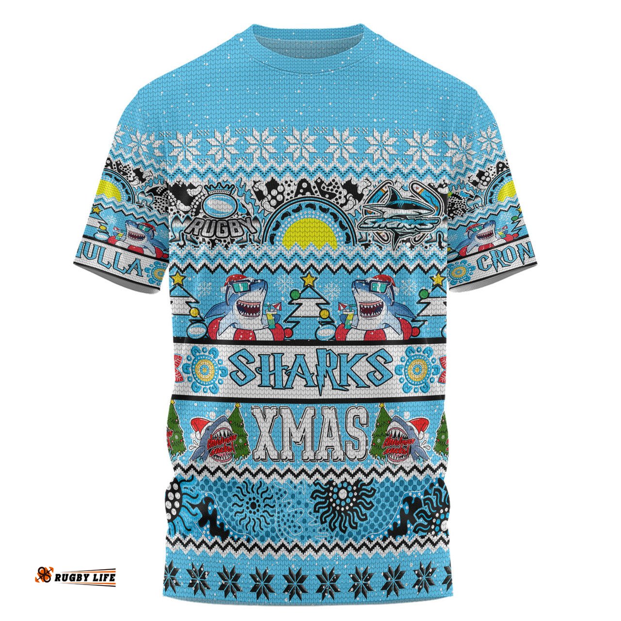 Amazing Aussie Cronulla Sutherland Sharks Christmas Aboriginal Custom Indigenous Knitted Ugly Xmas Style  T-shirt