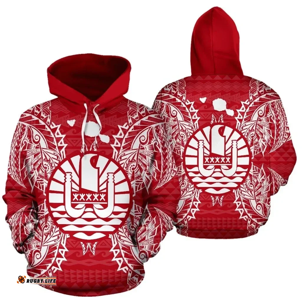 French Polynesia Polynesian All Over Hoodie Map Red White - Bn39