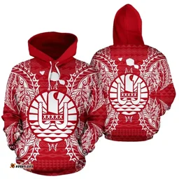 French Polynesia Polynesian All Over Hoodie Map Red White - Bn39