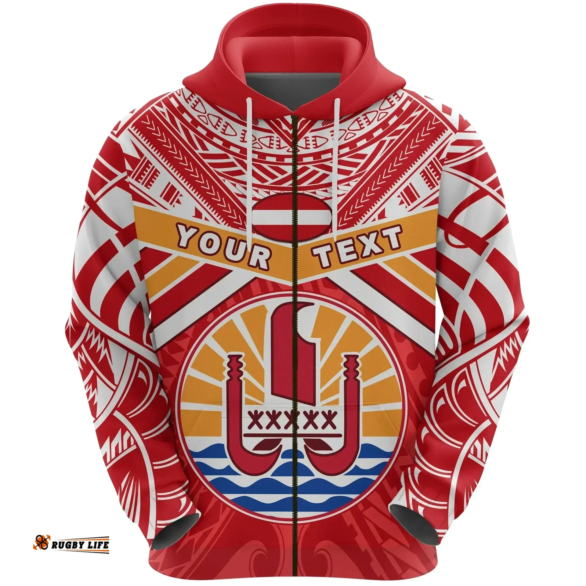 (Custom Personalised) Tahiti Rugby Hoodie Polynesian Coat Of Arms and Flag K13