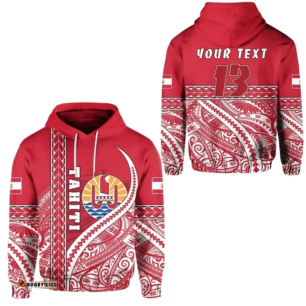 (Custom Personalised) Tahiti Rugby Hoodie Marvelous Version Red - Custom Text and Number K13