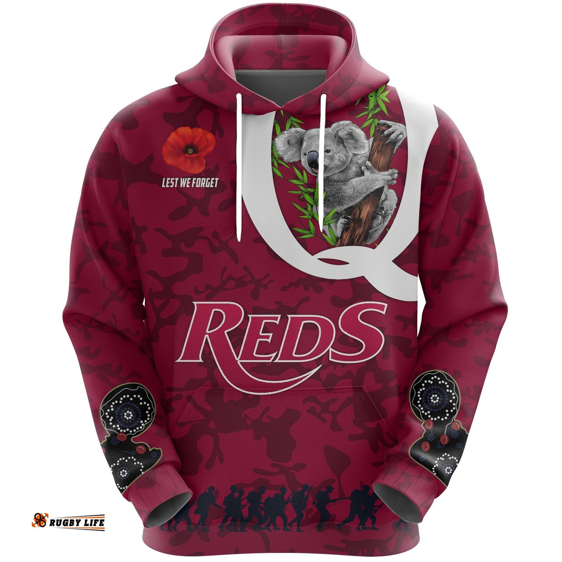 Queensland Reds Rugby Hoodie Koala ANZAC Day