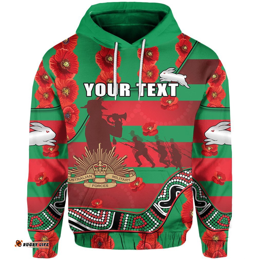 custom personalised rabbitohs anzac day hoodie rugby south sydney indigenous military