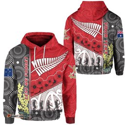 Custom Personalised ANZAC Day Lest We Forget Hoodie Australia Indigenous and New Zealand Maori Red