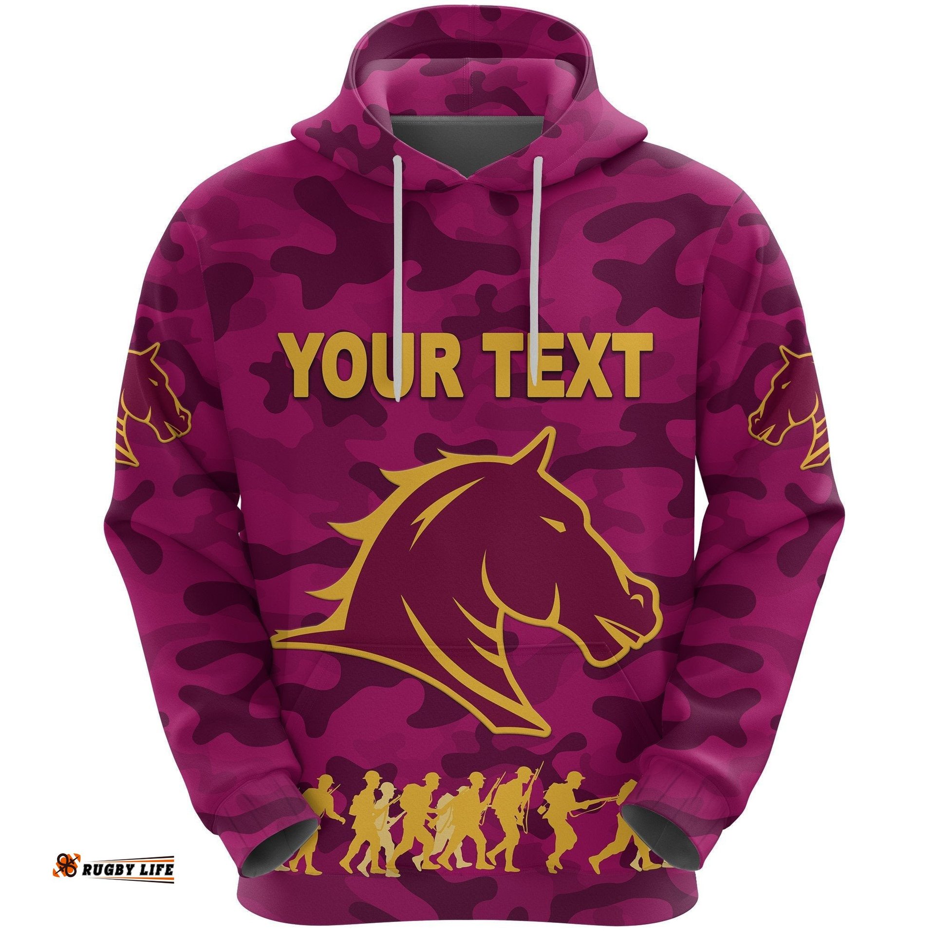 custom personalised brisbane broncos hoodie anzac day camouflage vibes maroon