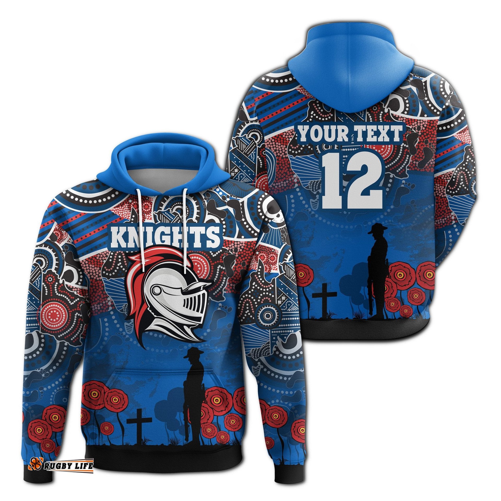 custom personalised knights hoodie newcastle anzac day aboriginal