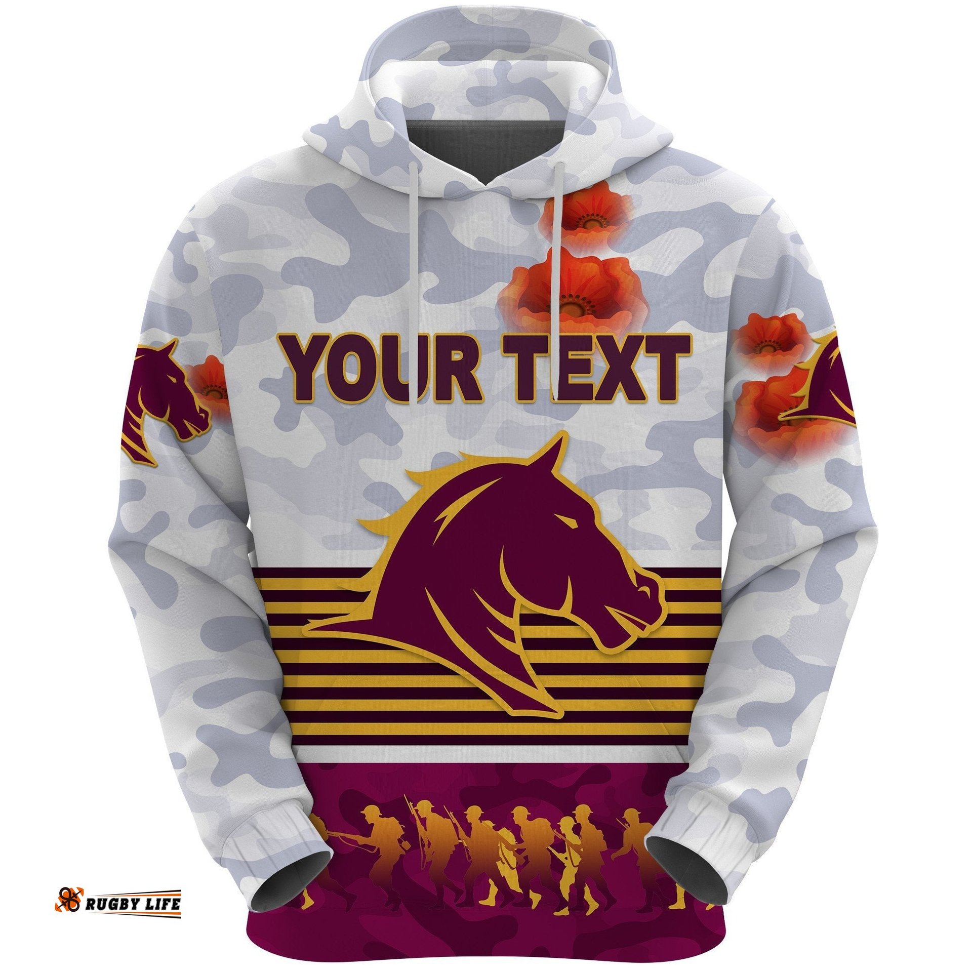 custom personalised brisbane broncos hoodie anzac day simple style white