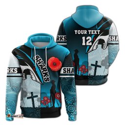 Custom Personalised Sharks Hoodie Cronulla ANZAC Day