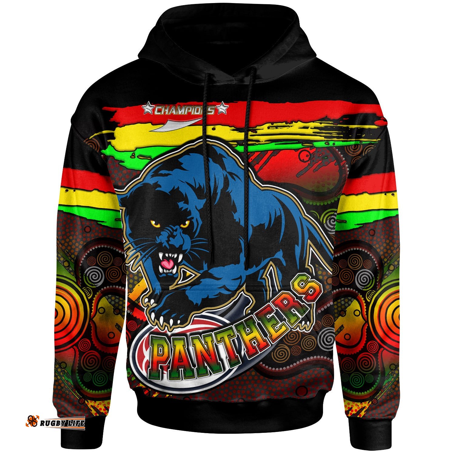 panthers rugby hoodie custom panther with aboriginal style of dot painting personalised player and number hoodie