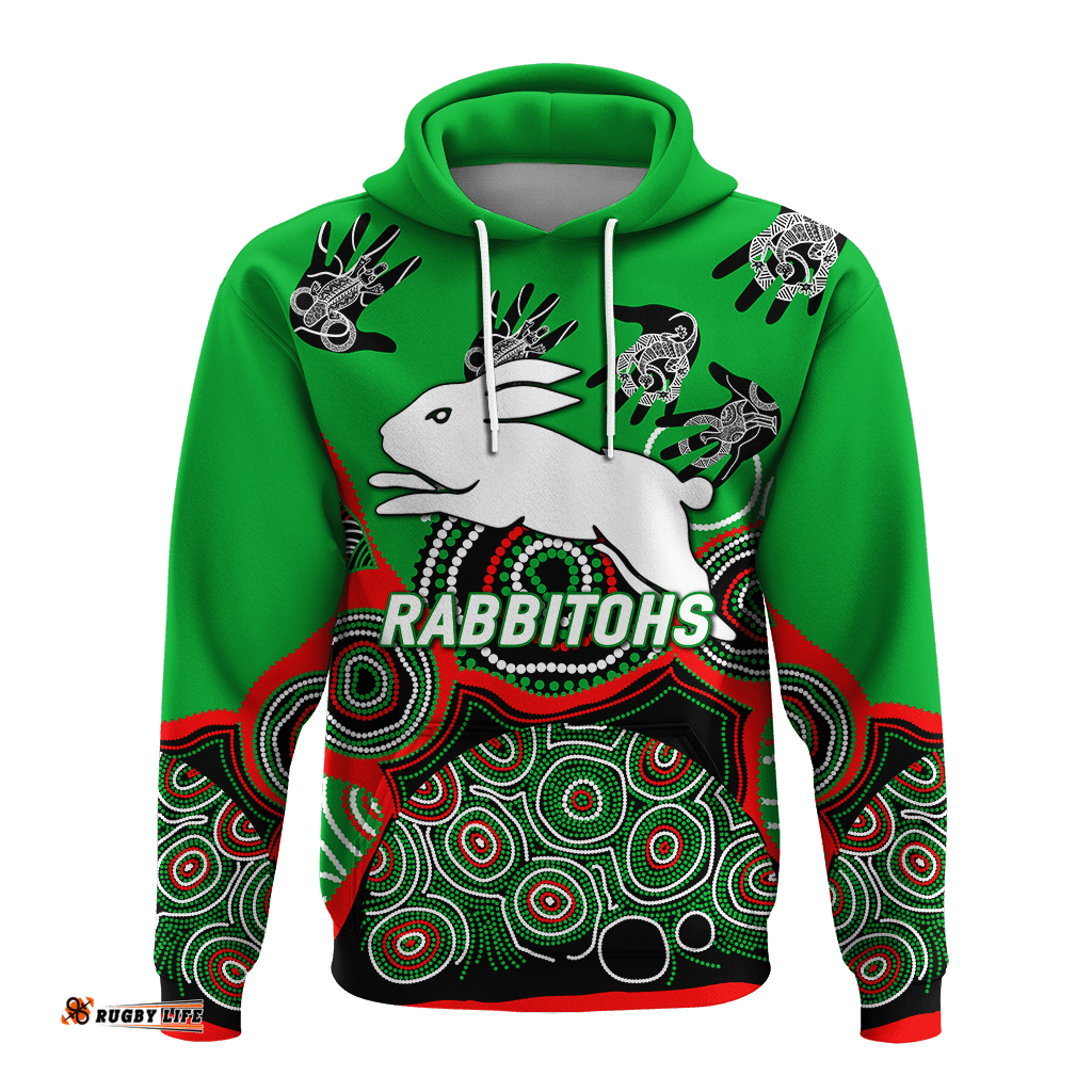 custom personalised rabbitohs rugby aboriginal art hoodie
