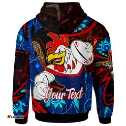 roosters rugby hoodie custom roosters mascot with rugby aboriginal dot painting player and number hoodie