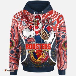 roosters rugby hoodie custom sydney roosters champion mascot with aboriginal art personalised player and number hoodie