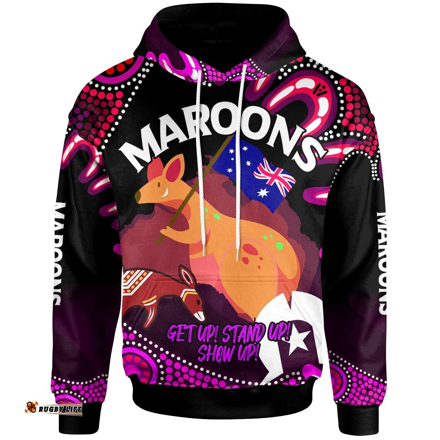 maroons rugby hoodie custom naidoc week get up stand up show up maroons kangaroo with aboriginal patterns hoodie