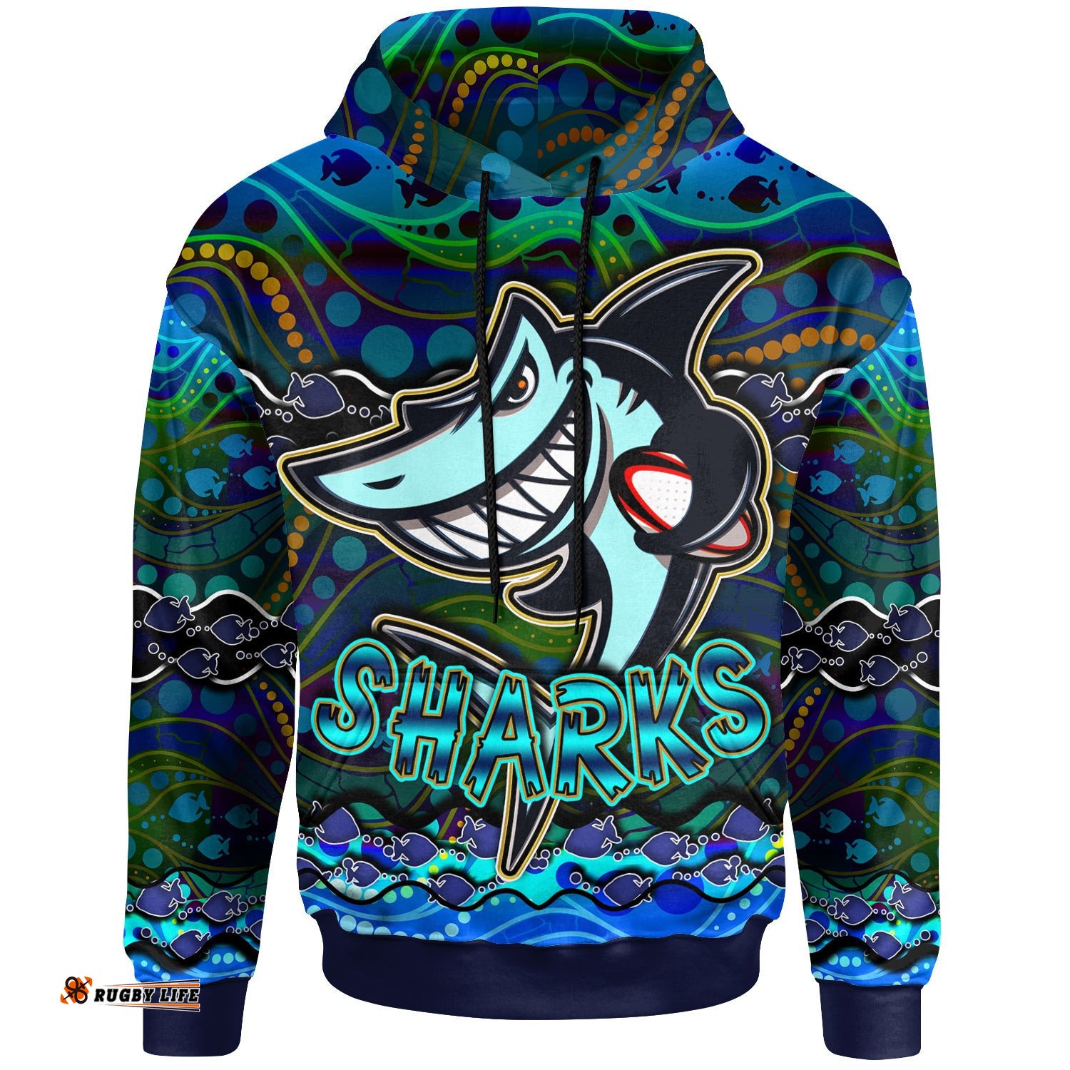 sharks rugby hoodie custom sharks rugby with fish aboriginal style personalised player and number hoodie