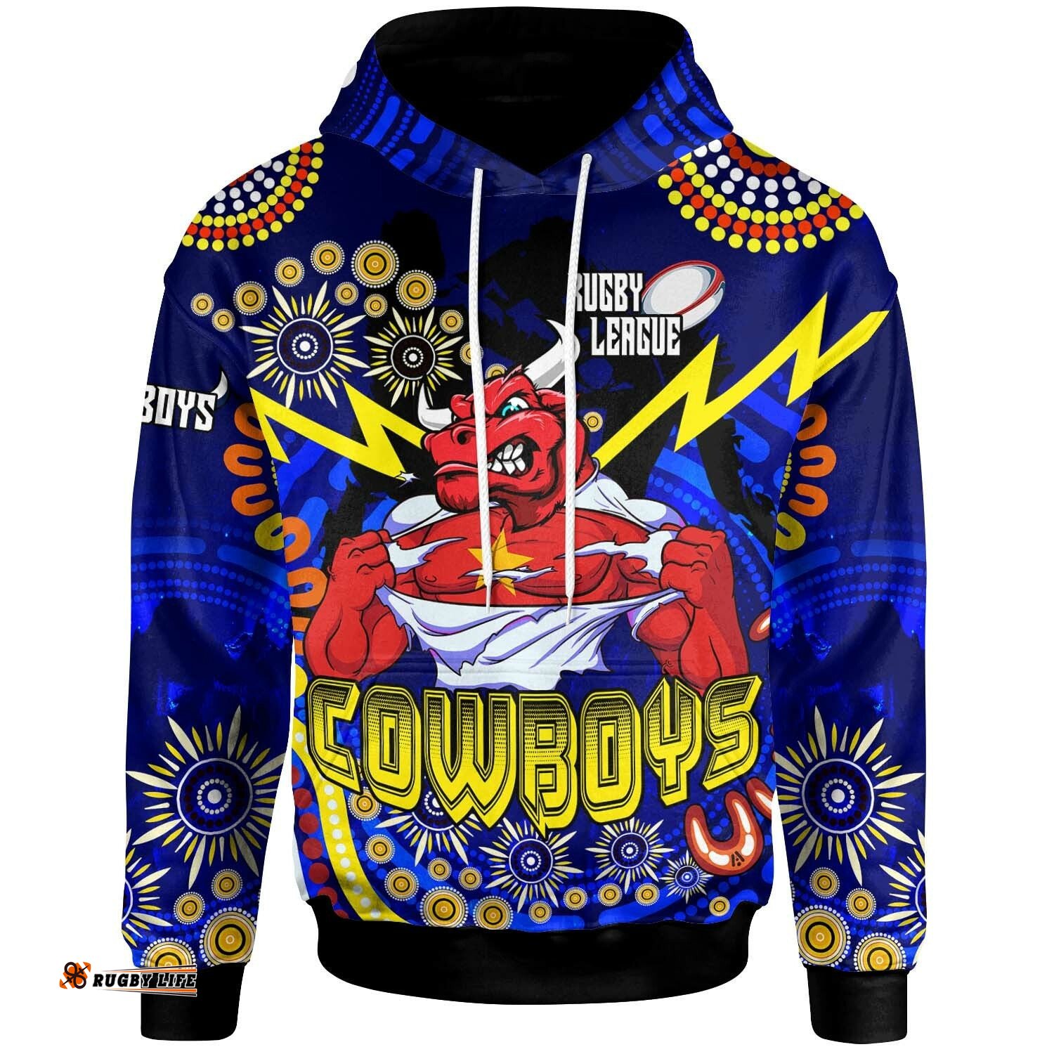 cowboys rugby hoodie custom cowboys bulls with aboriginal dot painting player and number hoodie