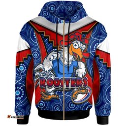 roosters rugby hoodie custom rooster with rugby ball aboriginal dot painting personalised player and number hoodie