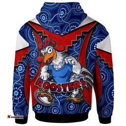roosters rugby hoodie custom rooster with rugby ball aboriginal dot painting personalised player and number hoodie