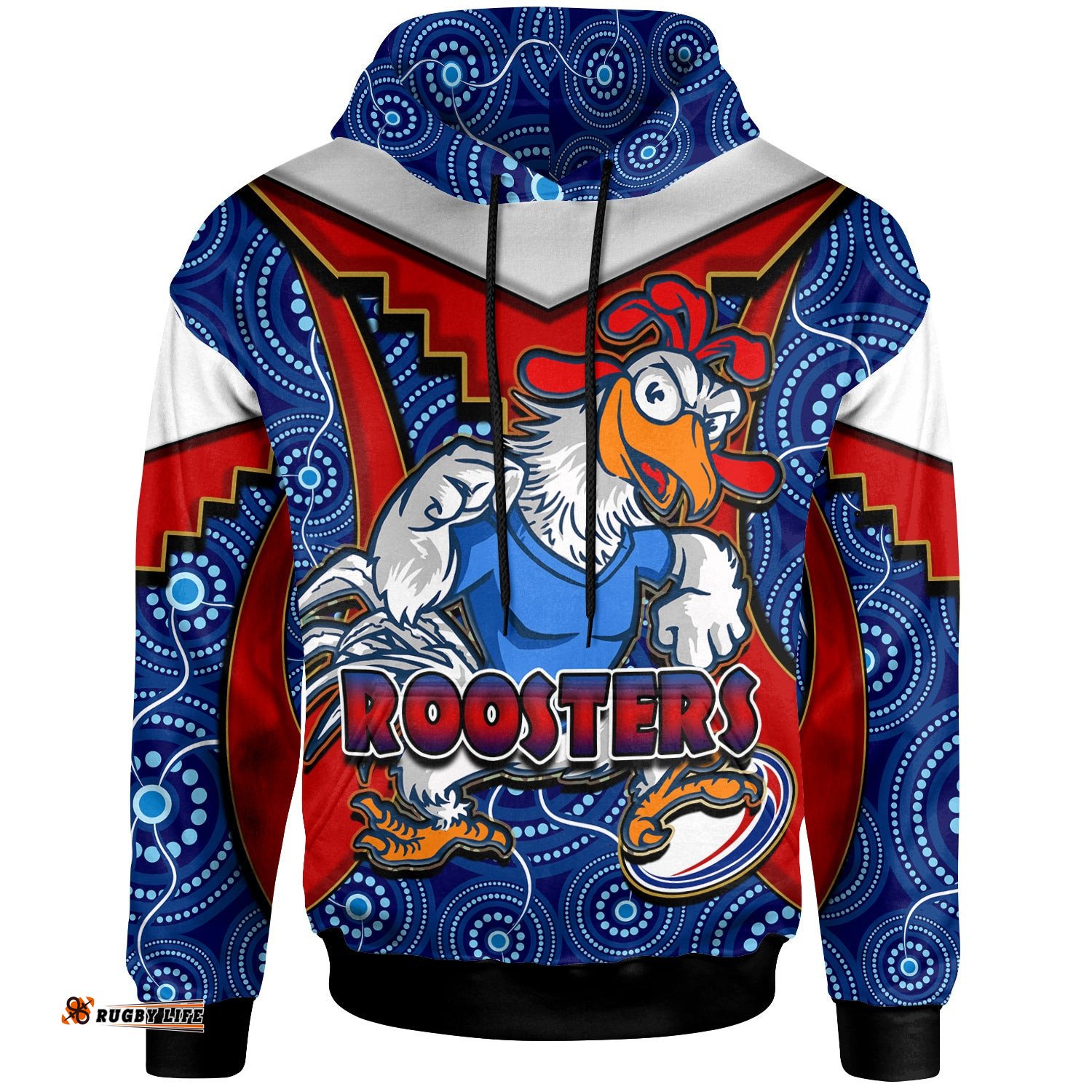 roosters rugby hoodie custom rooster with rugby ball aboriginal dot painting personalised player and number hoodie
