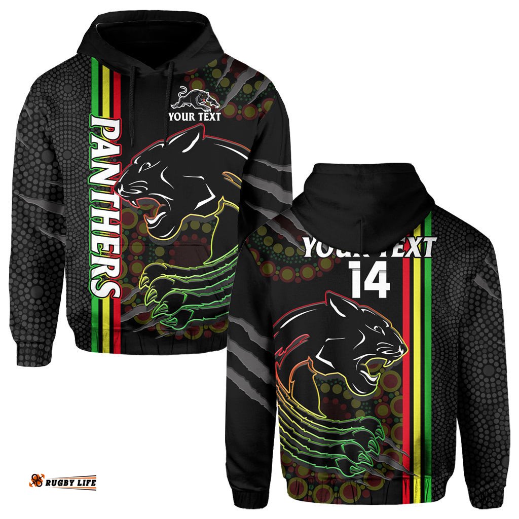 custom text and number penrith panthers rugby hoodie the mountain men aboriginal art dynamic